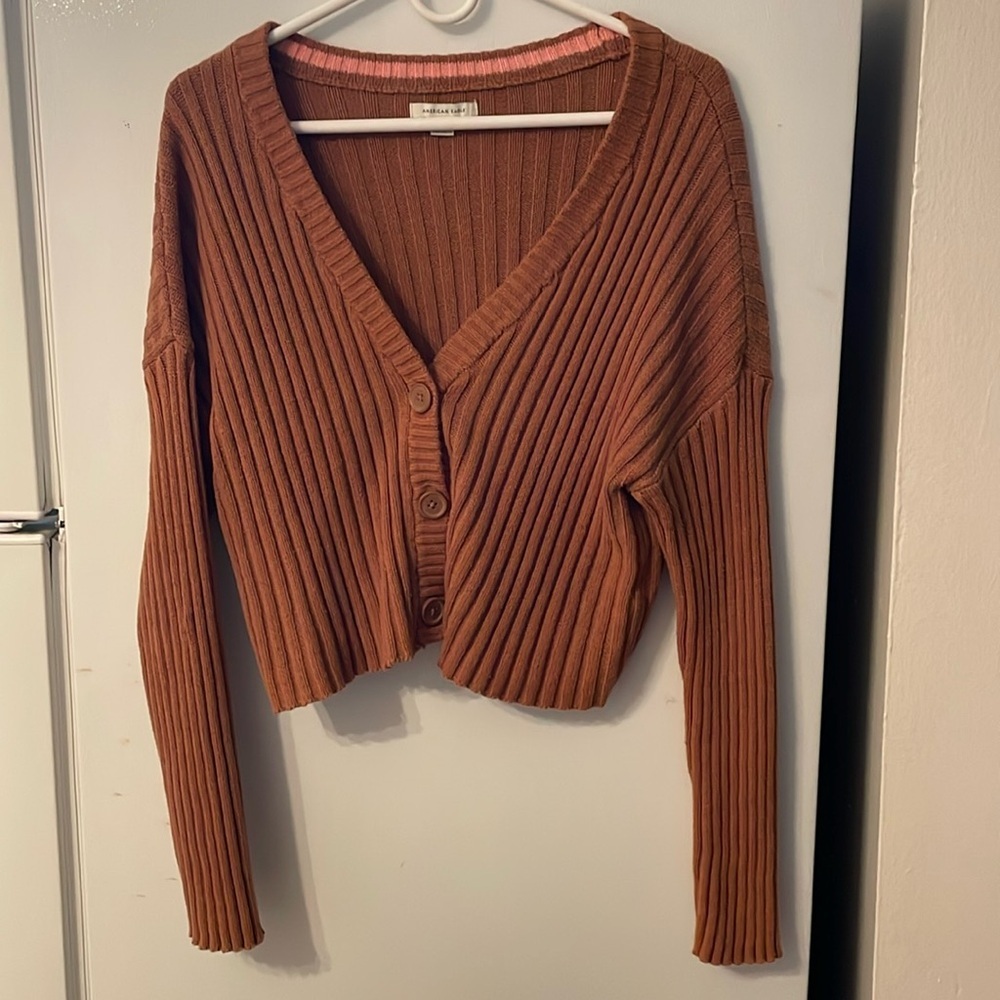 American Eagle cropped brown v-neck sweater casual 70s vintage women size L - Picture 1 of 5